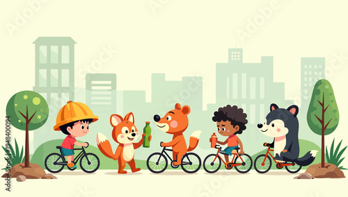 A cheerful illustration of a young boy enjoying a bike ride in a park. Ideal for representing childhood, recreation, and a healthy lifestyle in educat