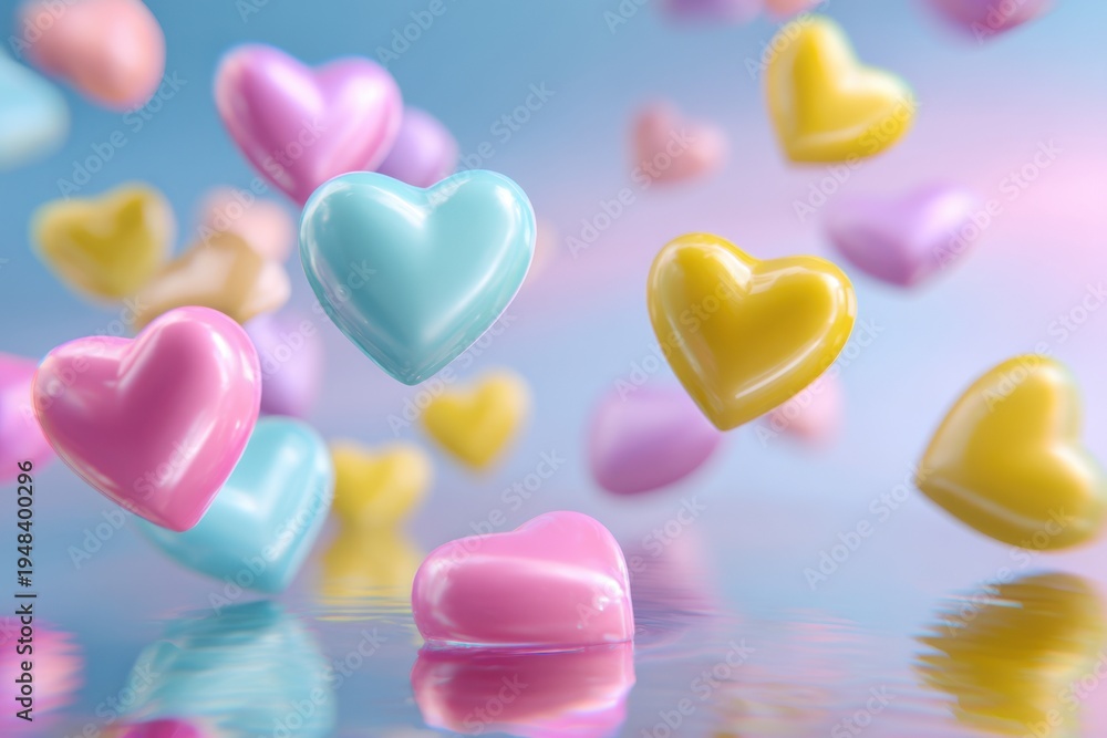 Fototapeta premium Vibrant dopamine-style Valentine’s Day candy hearts floating in glossy pastel tones.
