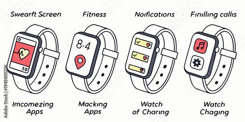 four smart watches with different functions on display Vector