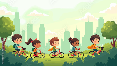 This cheerful illustration depicts a boy cycling through a vibrant park. Ideal for back-to-school themes, children's activities, or promoting a health