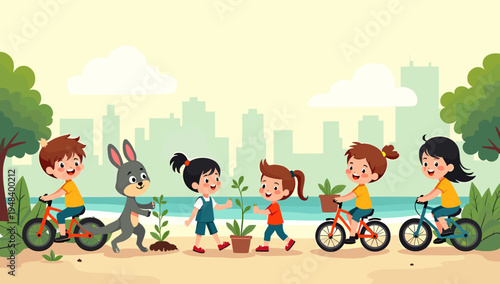 A cheerful illustration depicting a young boy happily riding a bicycle alongside a playful rabbit. Ideal for children's content, education, or promoti