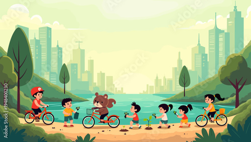 A cheerful illustration of a young boy enjoying a bike ride in a park, perfect for content related to childhood, outdoor activities, and healthy livin