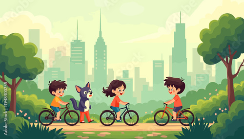 A cheerful illustration of a boy enjoying a bike ride in a park. Perfect for representing childhood, healthy lifestyles, and outdoor activities in mar