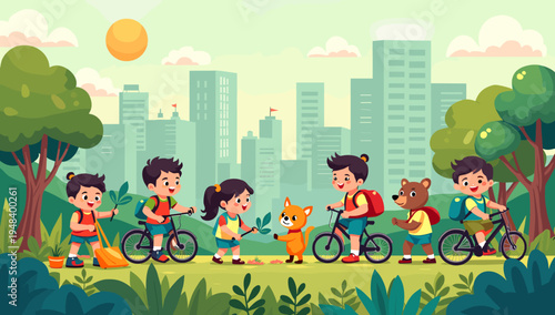 This cheerful illustration depicts a young boy happily sweeping a path in a lush park. Perfect for concepts of community service, responsibility, or a