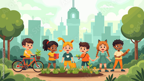 A cheerful illustration of a young boy walking alongside his bicycle in a park. Perfect for illustrating childhood, recreation, and a healthy lifestyl