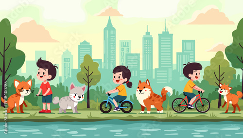 A cheerful illustration depicting a young boy interacting with an orange kitten near a body of water. Ideal for representing childhood, friendship, an