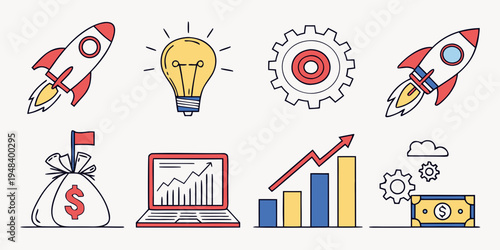 a set of business and finance icons with rocket and lightbulb Vector