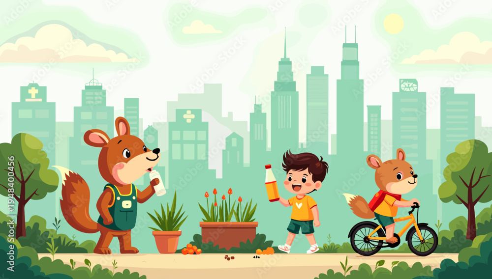 Fototapeta premium This illustration depicts a happy squirrel walking with a backpack, evoking a sense of adventure and learning. Ideal for educational materials, childr