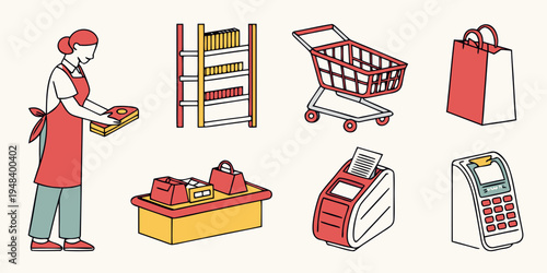 a collection of grocery store items and a worker Vector