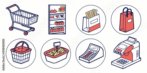icons of shopping cart and various retail related items Vector