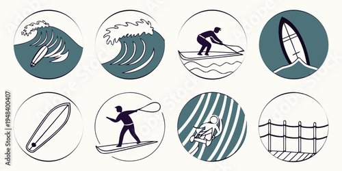 surfing icons with various wave and surfer graphics Vector