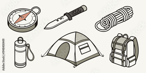 camping gear and tools for outdoor adventure Vector