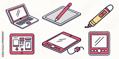 a collection of devices with notes and a pencil Vector