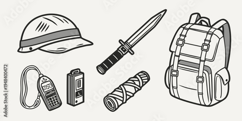 a collection of outdoor and survival gear Vector