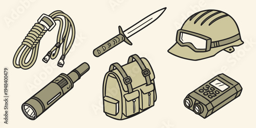 a collection of military gear and tools Vector
