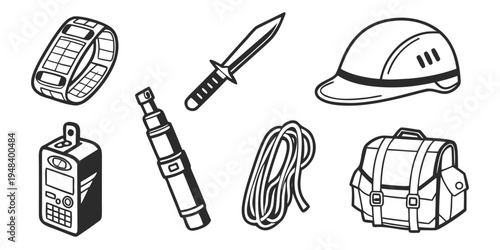 collection of outdoor and survival gear Vector