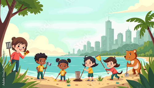 A cheerful illustration of a child exploring a beach with a magnifying glass, perfect for educational content, summer campaigns, or depicting curiosit