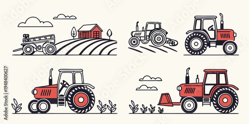 a set of red tractors in different positions and activities Vector