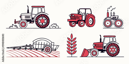 a set of red and gray tractors with various agricultural equipment Vector