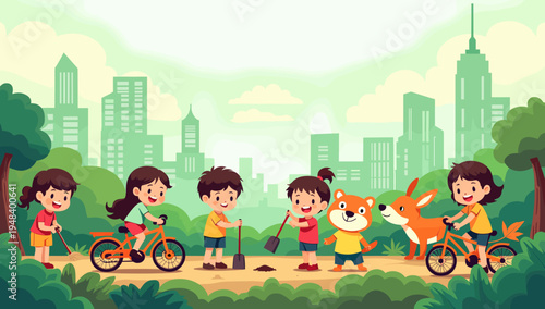 A cheerful illustration depicting a young girl sweeping a park path, suggesting themes of responsibility and community care. Ideal for educational con