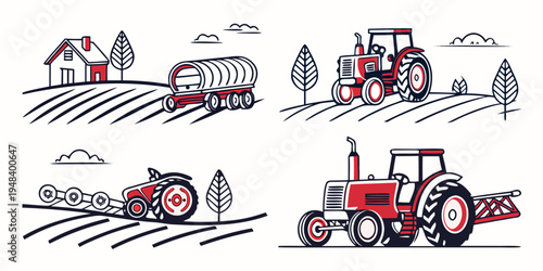 four red tractors in different scenes with farm and trees Vector