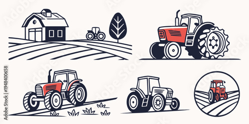 a red and white tractor on a farm Vector