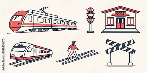 a set of train related icons including a train and a railway station Vector