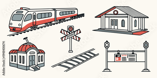 a set of train station elements and tracks Vector