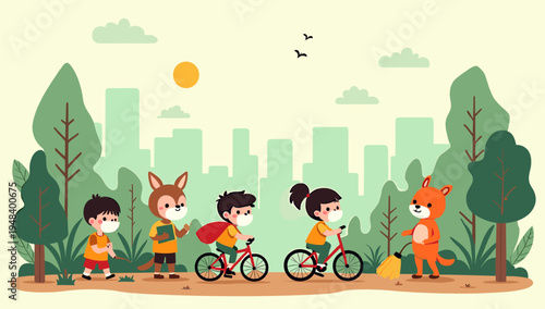 A peaceful illustration depicting a child walking outdoors while wearing a protective face mask, conveying themes of safety and health in a natural en