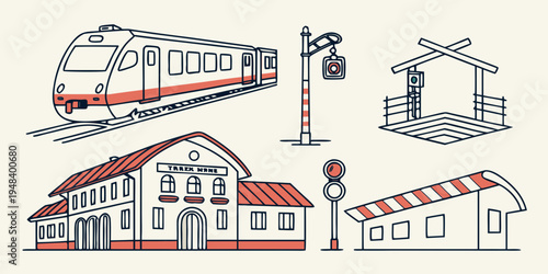 a train station with a train and various railway elements Vector