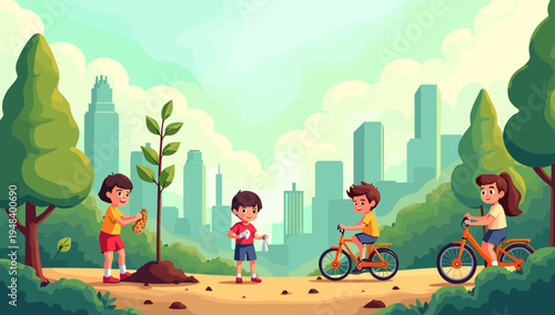 A cheerful illustration of a young girl tending to a plant in a park. This image evokes feelings of care and responsibility, perfect for content relat