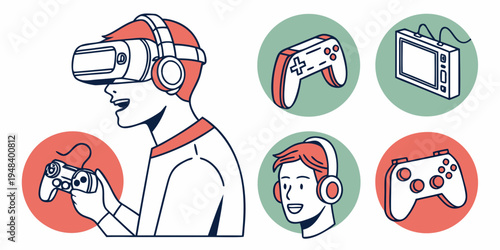 a man wearing a virtual reality headset and holding controllers Vector