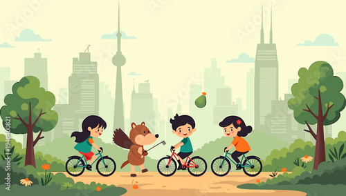 A vibrant illustration depicts a person cycling through a lush city park, evoking a sense of freedom and healthy living. Ideal for content related to 