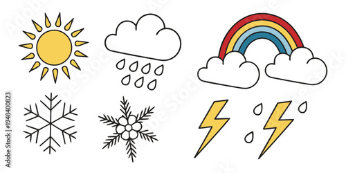 weather icons including sun, clouds, rainbow, snowflakes, and lightning bolt Vector
