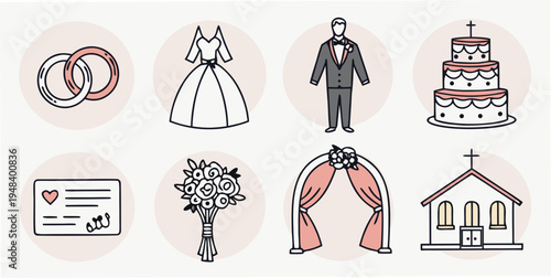 wedding planning icons with rings dress cake and more Vector
