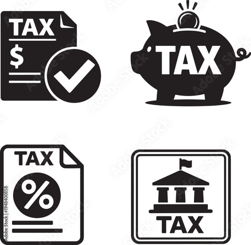 Vector black tax concept collection showing finance payment, government duty and revenue elements