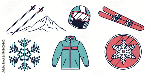 a collection of skiing and snowboarding related items Vector