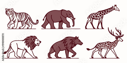 collection of wild animals in profile Vector