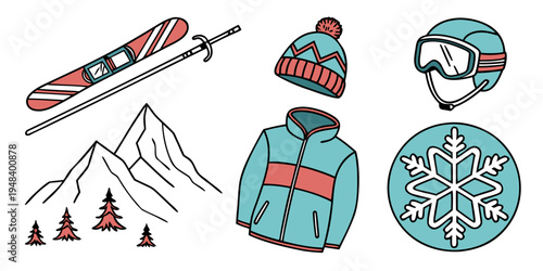 a collection of skiing and snowboarding gear and icons Vector