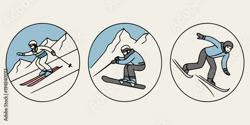 skier in different poses on snowy mountain Vector