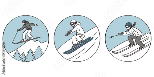 three skiers in different poses on snowy slopes Vector