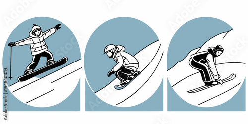 skier in three different positions on a slope Vector