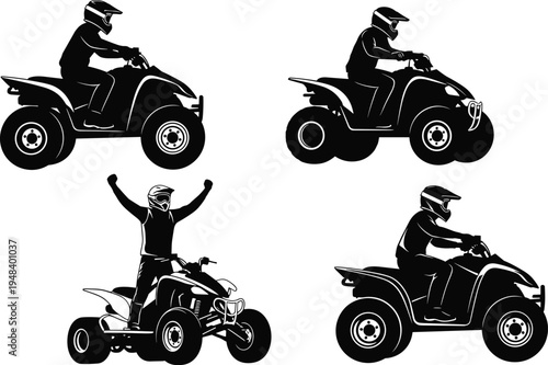 Black silhouette vector illustration of four ATV riders in dynamic poses with helmets and gear, symbolizing adventure, sport, motion, and outdoor recreation themes