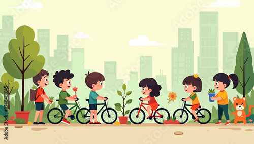 A cheerful illustration of two young friends exchanging a potted plant in a park setting. This image evokes a sense of friendship and environmental aw