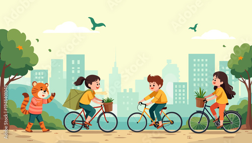 This charming illustration depicts a cheerful tiger enjoying a walk in a park. Perfect for children's books, educational materials, or branding that e