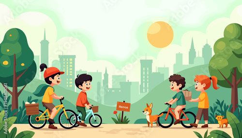 A cheerful illustration of a young girl riding a bicycle with a basket of fresh vegetables. Perfect for conveying themes of health, sustainability, an