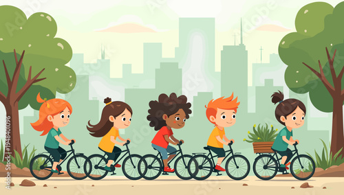 A cheerful illustration depicts a young girl enjoying a bike ride on a sunny day. Perfect for content relating to childhood, outdoor activities, and a