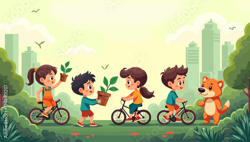A cheerful illustration of a young girl enjoying a bike ride in a lush park. Perfect for websites, blogs, or advertising related to childhood, recreat