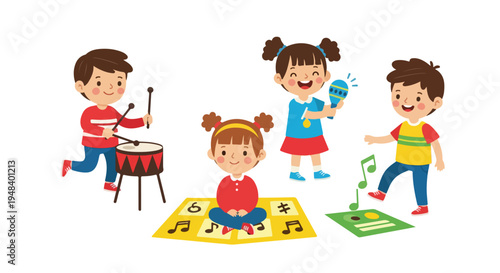 Four cheerful cartoon children are happily playing various musical instruments and interacting with music-themed elements in a vibrant and educational setting.