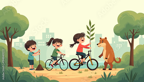 A cheerful illustration of a young boy enjoying a sunny day in a park. Perfect for depicting childhood, happiness, or a positive lifestyle in educatio